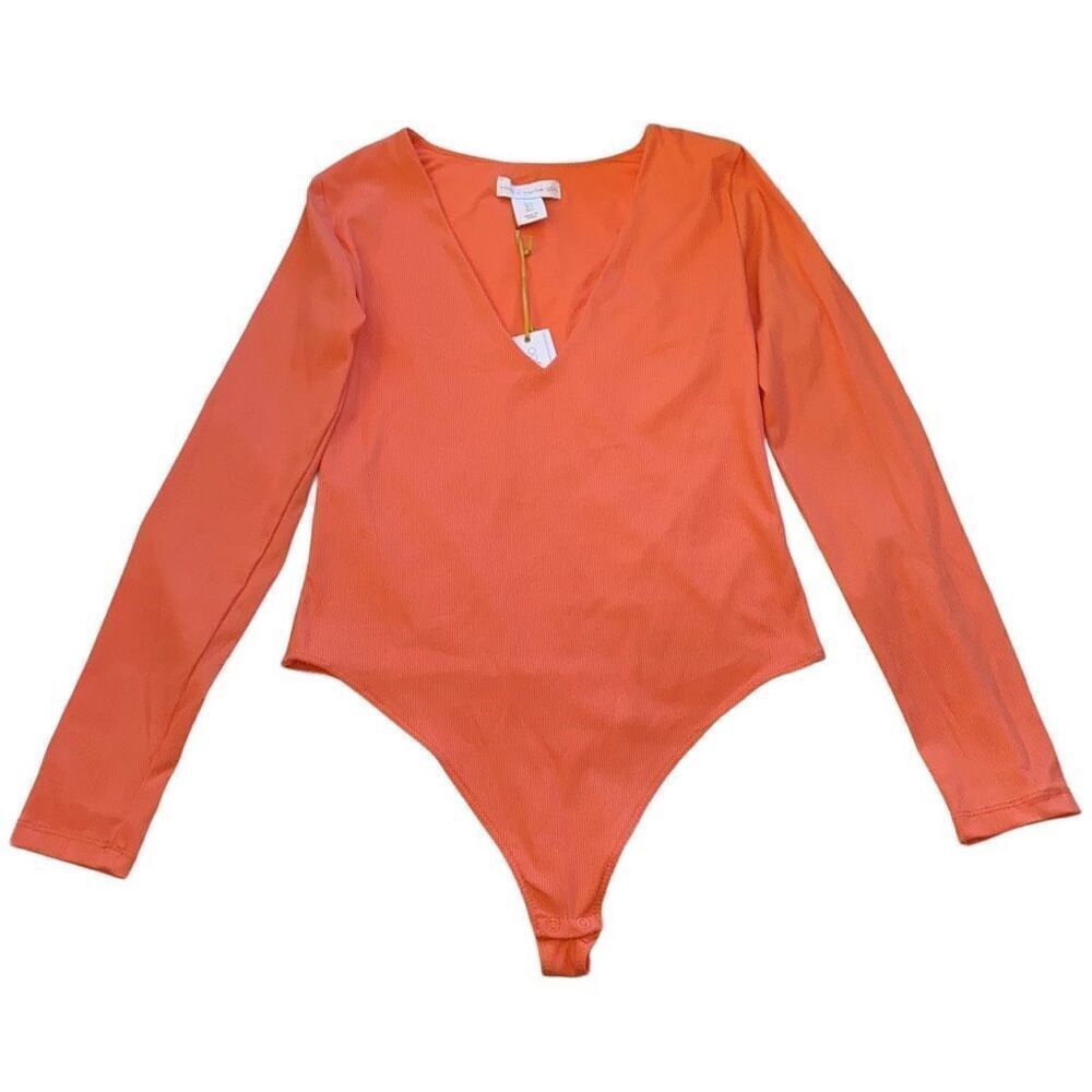 House Of Harlow 1960 NWT Enhancing Essentials Bodysuit Ribbed V-Neck Tangerine S